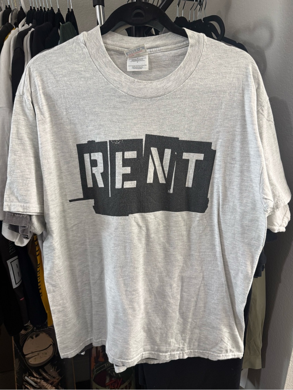VTG Rent Broadway Show T-Shirt with black 'RENT' text graphic